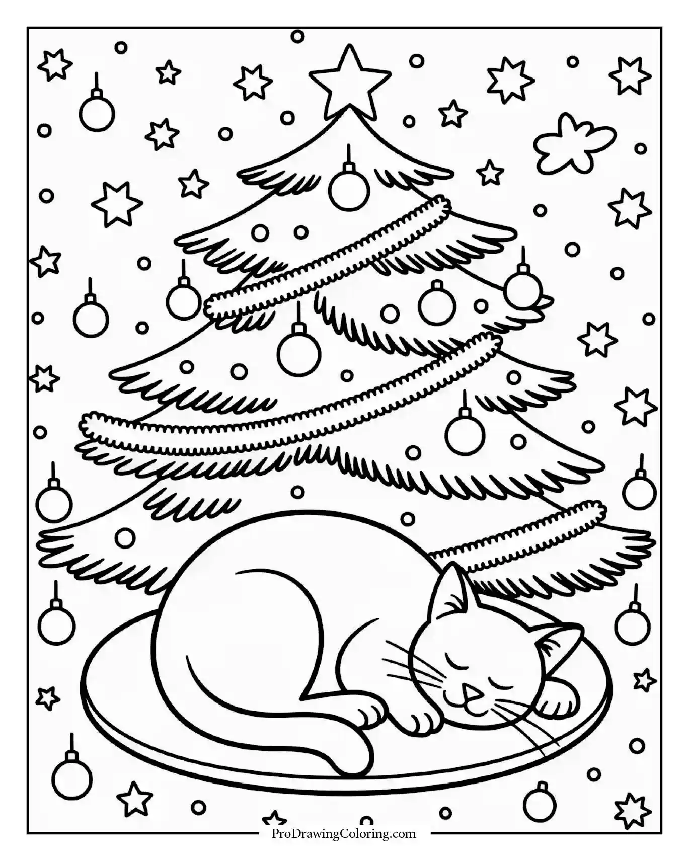 cat sleeping under christmas tree coloring Cat lying under a decorated Christmas tree