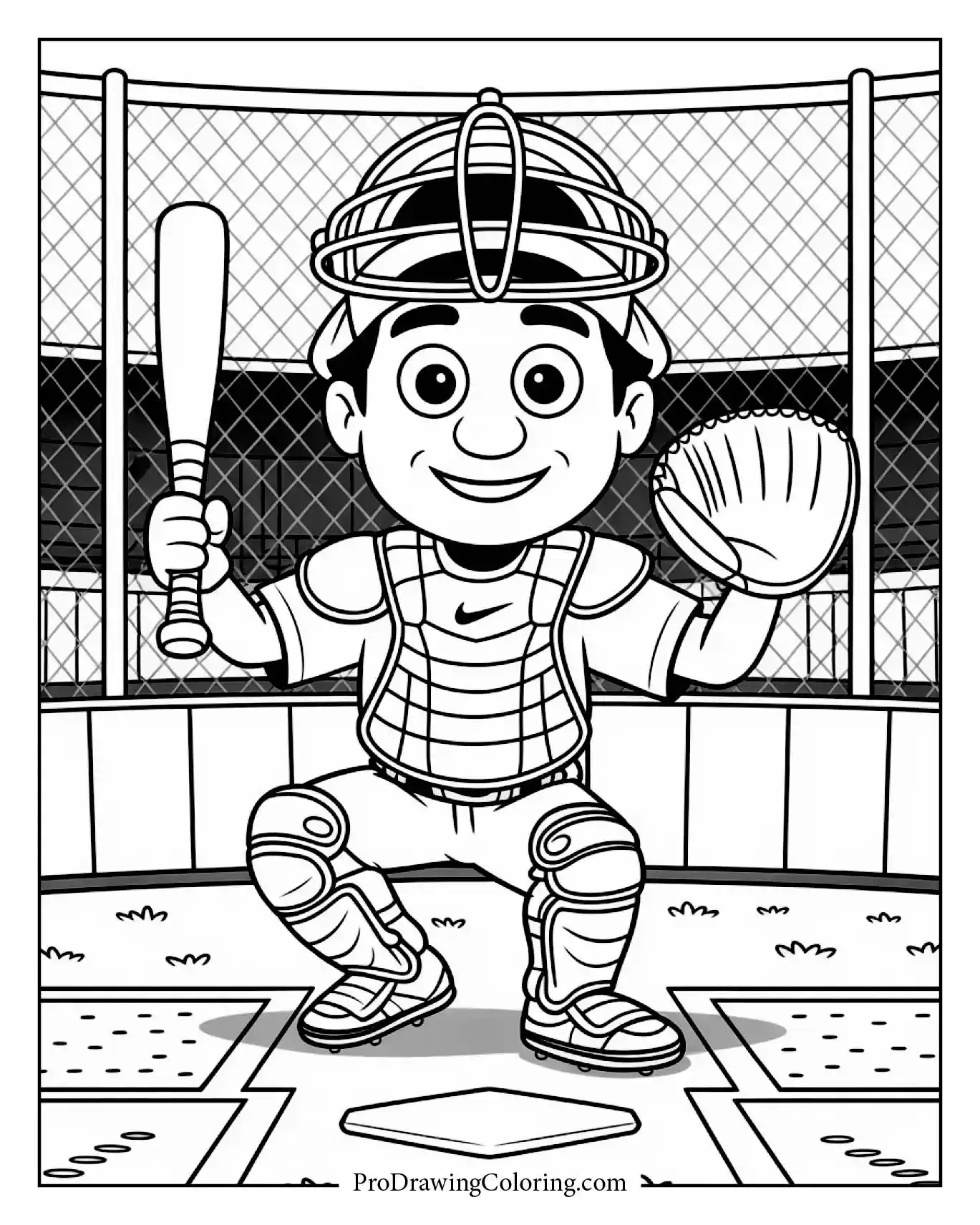 Catcher Behind Plate scene, printable Baseball Coloring Page for sports lovers.