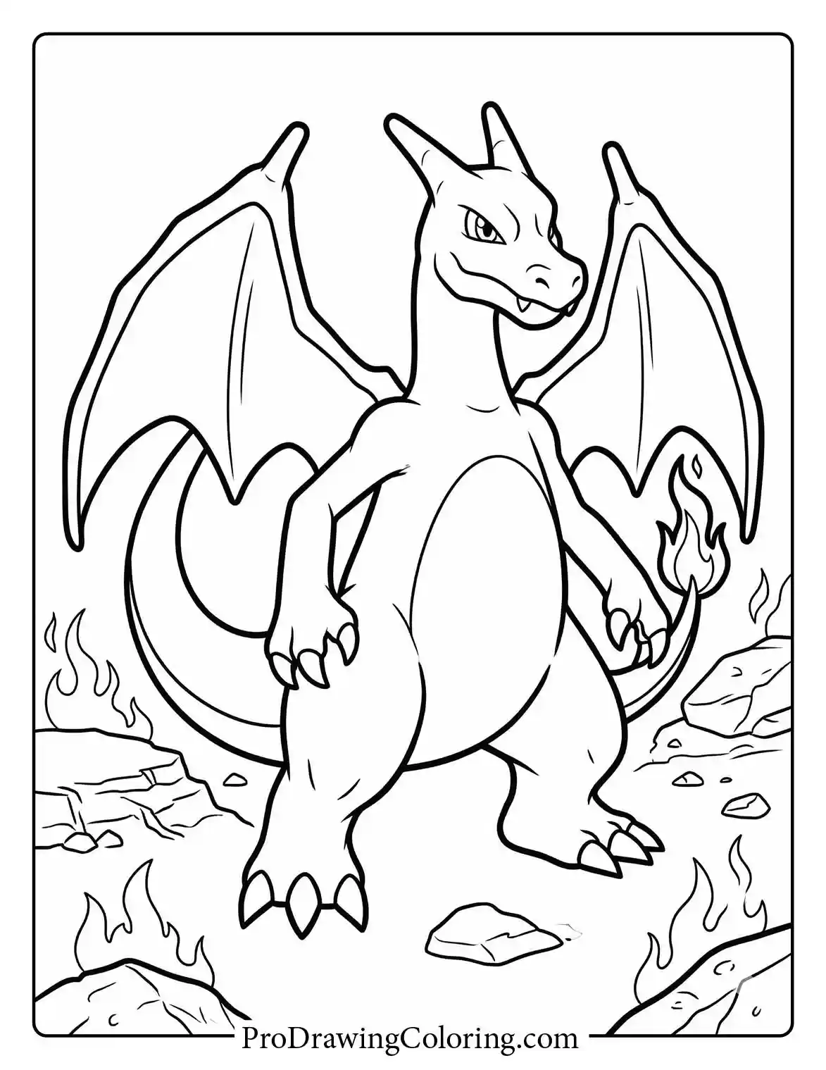 Coloring sheet of Charizard standing firmly on rocky ground, surrounded by small hot flames, displaying its large wings and powerful mega dragon-like physique.