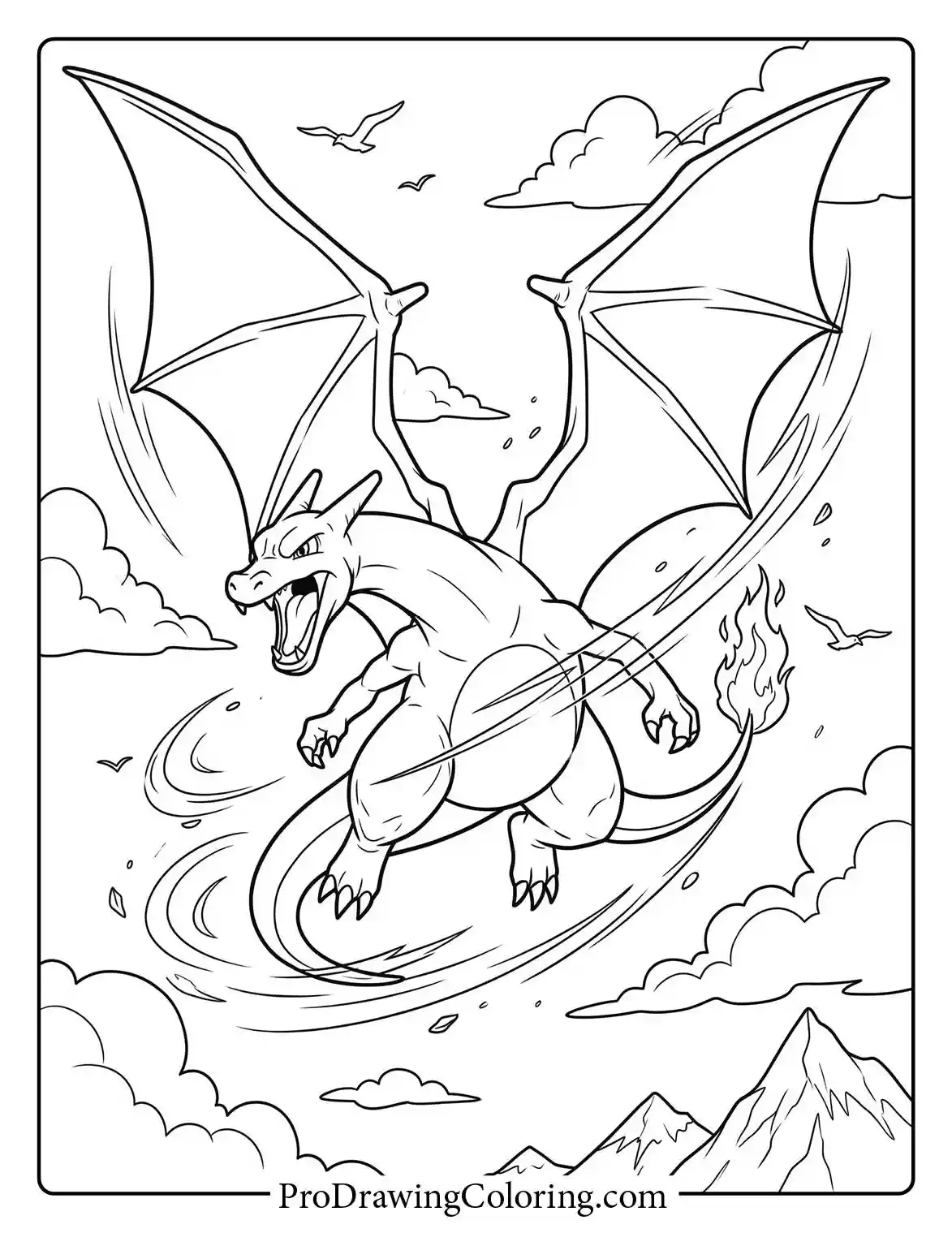 Charizard flies high in the sky, flapping its large dragon wings while roaring fiercely above a mountainous rocky landscape, an epic Pokemon coloring pages.