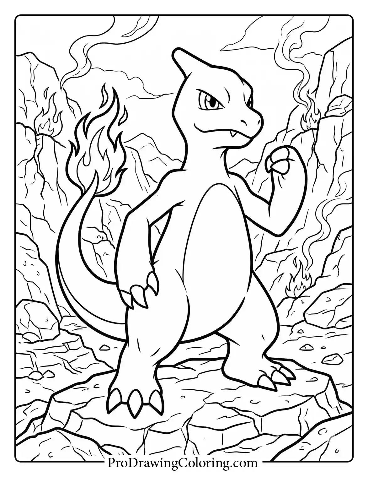 Printable of Charizard standing fiercely on top of a rocky mountain peak, displaying its powerful wings and the burning mega fire on its tail.
