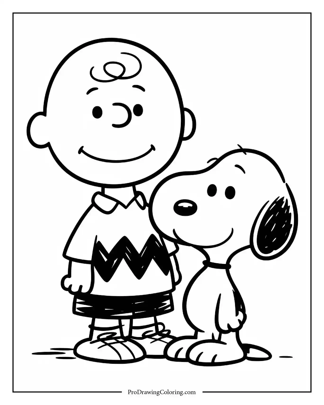 A black and white coloring page showing charlie brown and snoopy coloring pages standing together, Charlie Brown patting Snoopy on the head affectionately.