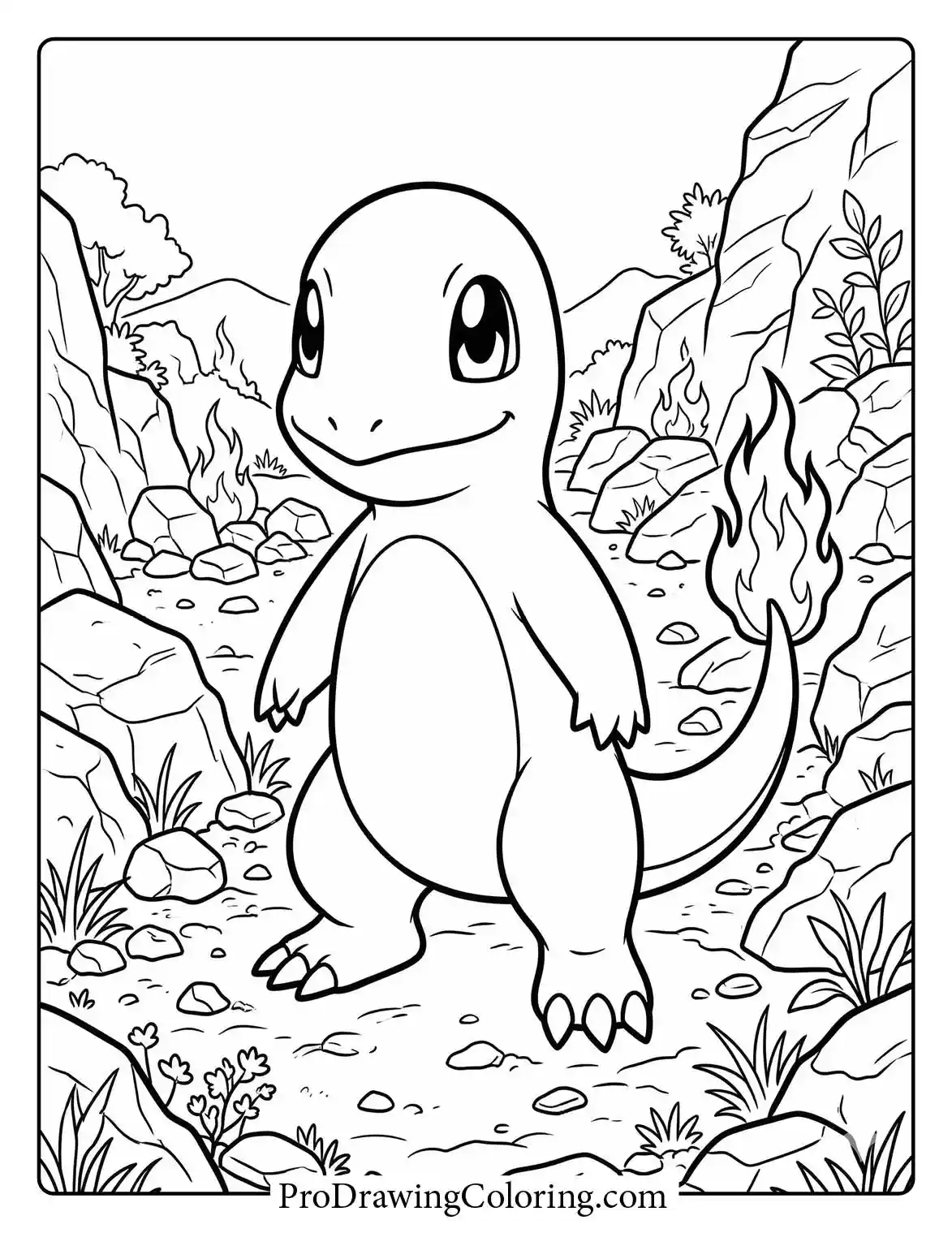 Charmander stands happily on a rocky path with a small fire burning brightly on its tail, surrounded by lush nature, an easy Pokemon colouring.