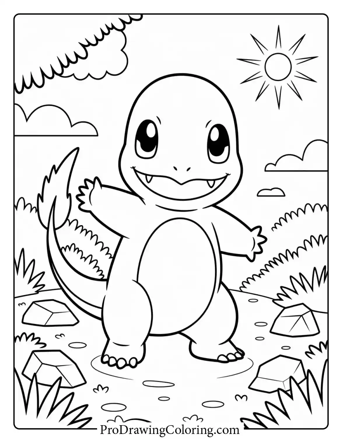 Adorable Charmander happily walks through a shallow puddle of water on a sunny day, surrounded by small rocks and green plants, an easy Pokemon colouring.