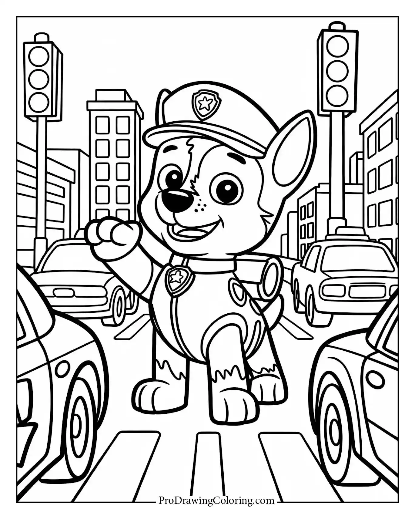 Chase paw patrol coloring pages showing him patrolling the busy city
