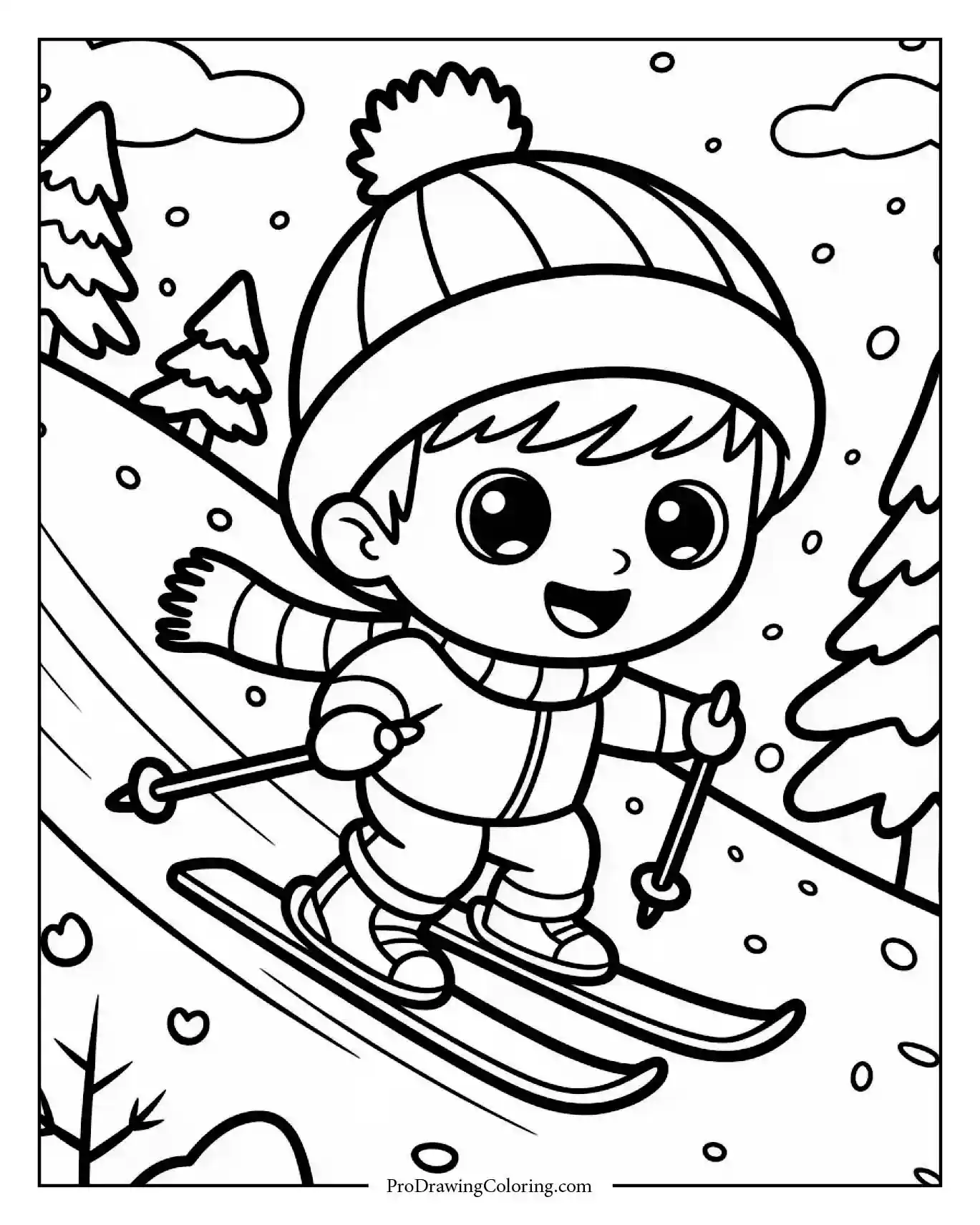 chibi boy skiing winter coloring sheet Cute chibi boy skiing on snowy slope