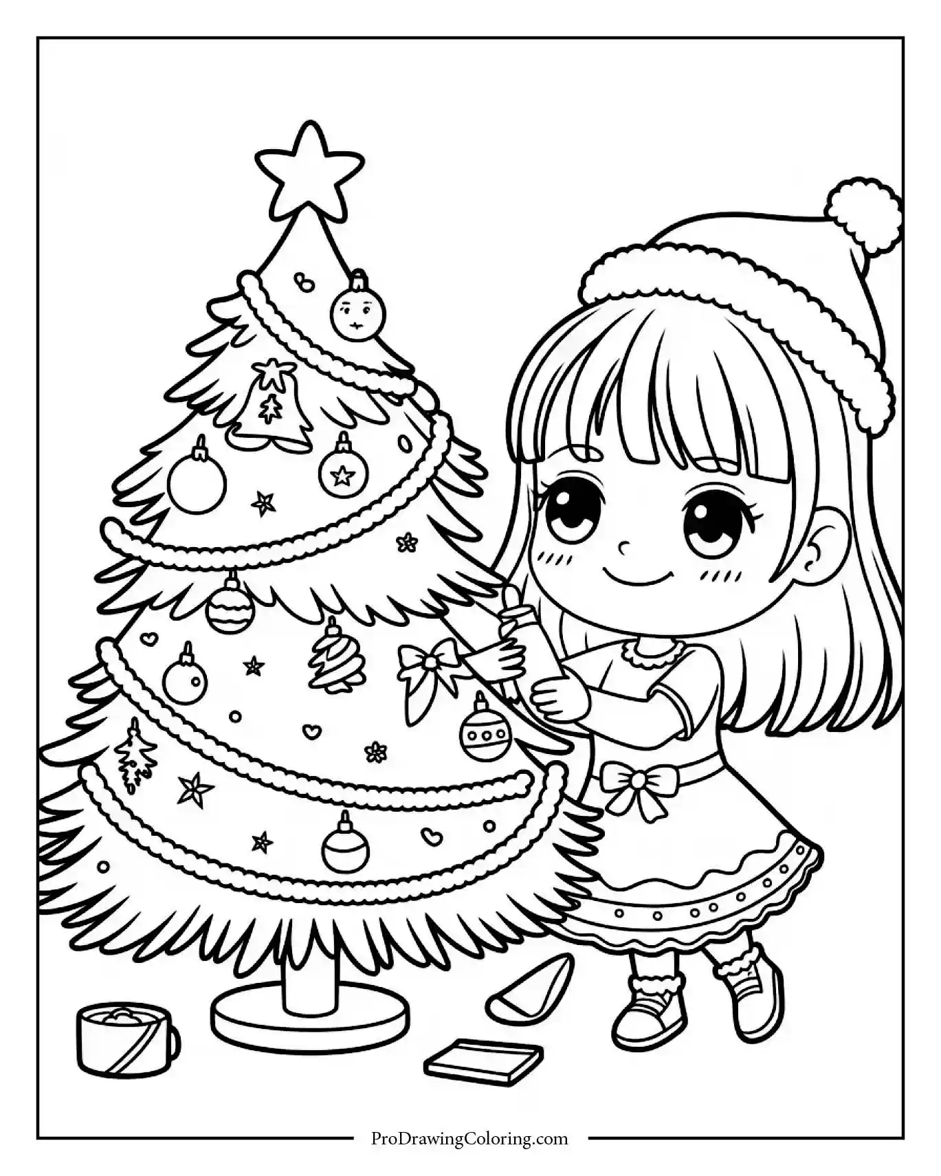chibi girl christmas tree coloring sheet Chibi style girl placing ornaments on a Christmas tree