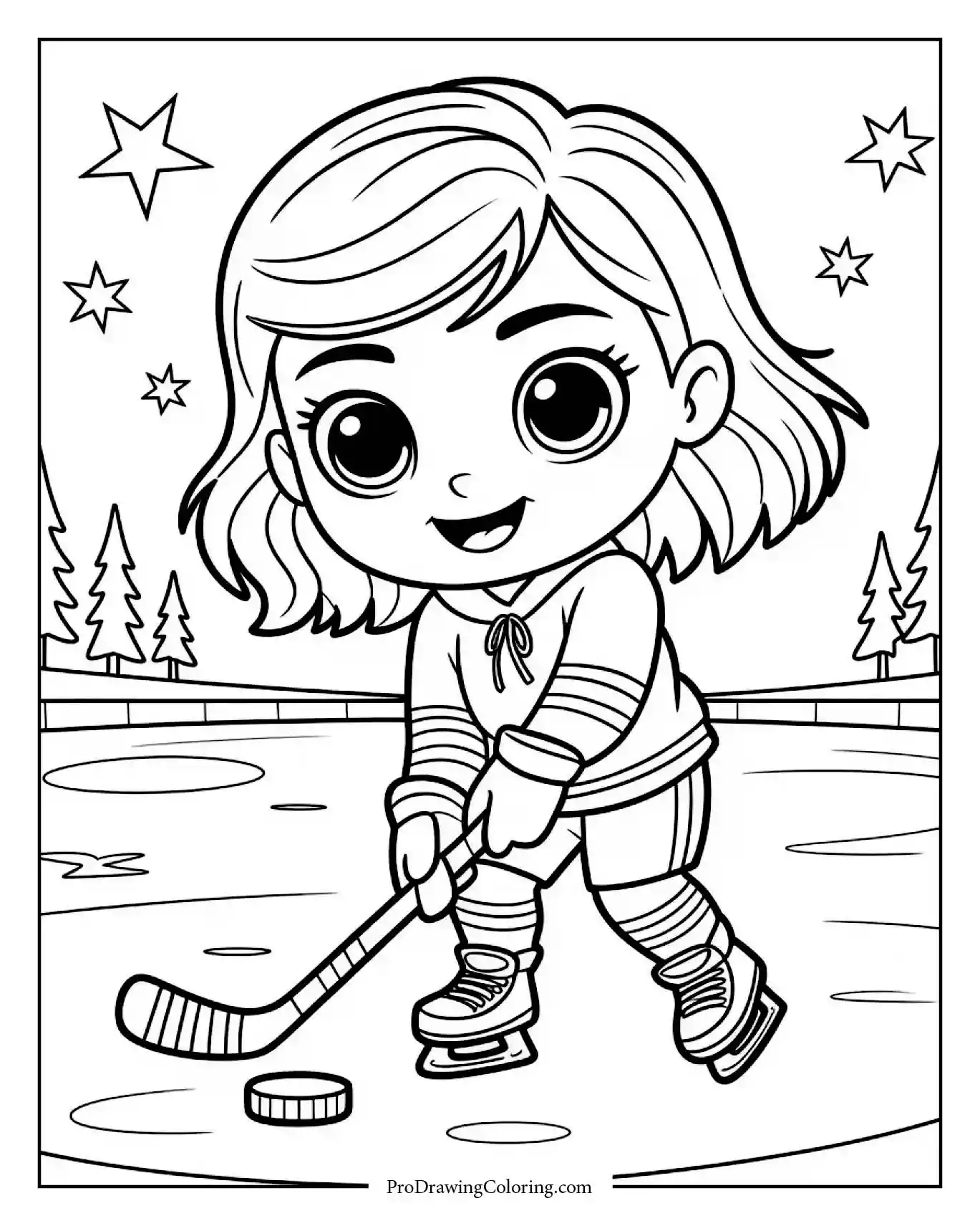 chibi girl ice hockey winter Cute chibi girl playing ice hockey on frozen winter lake