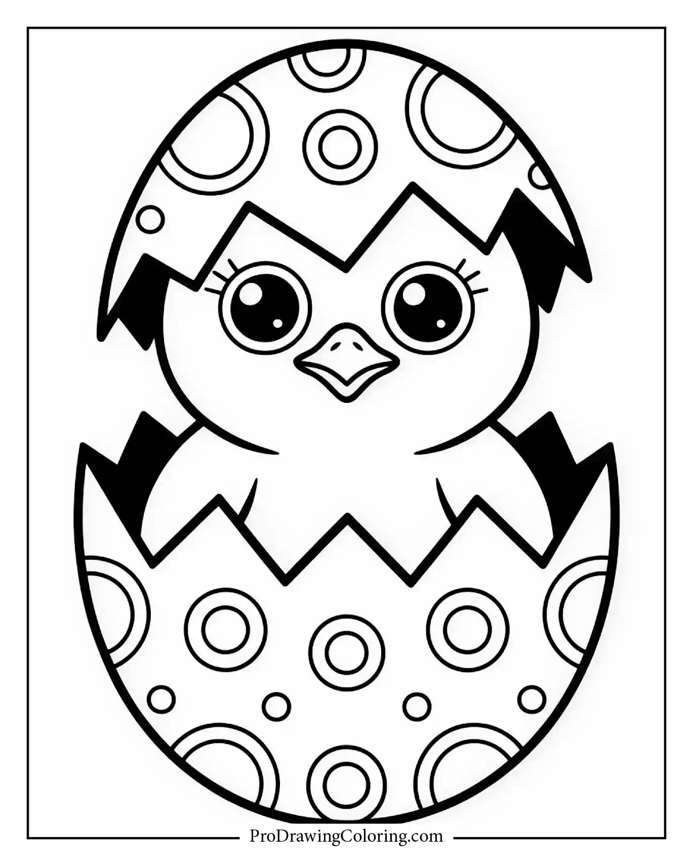 A little chick hatching from a patterned Easter egg with smiling expression. A joyful Easter to print for kids and adults to enjoy.
