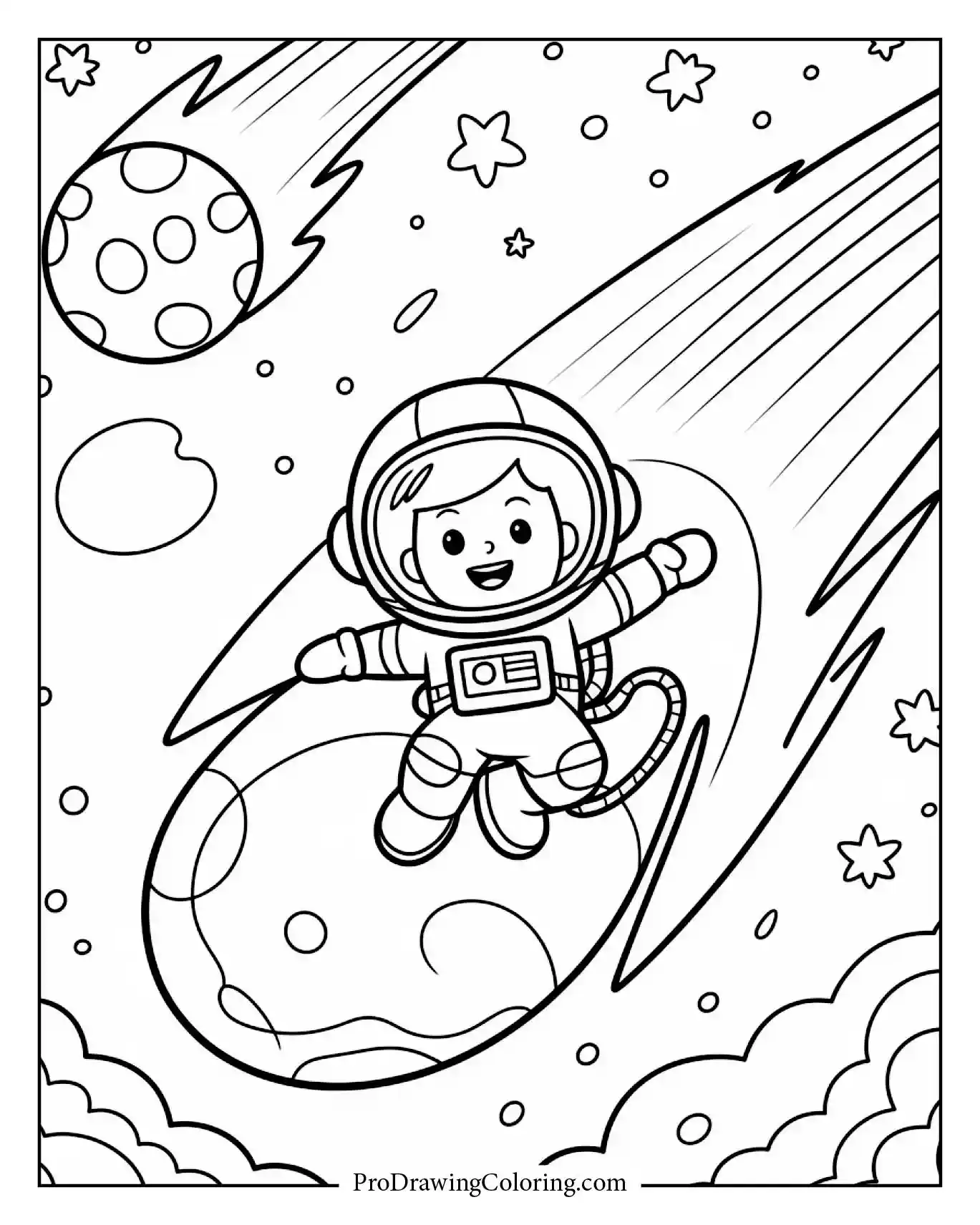 Child astronaut surfing on a rainbow meteor across the galaxy.