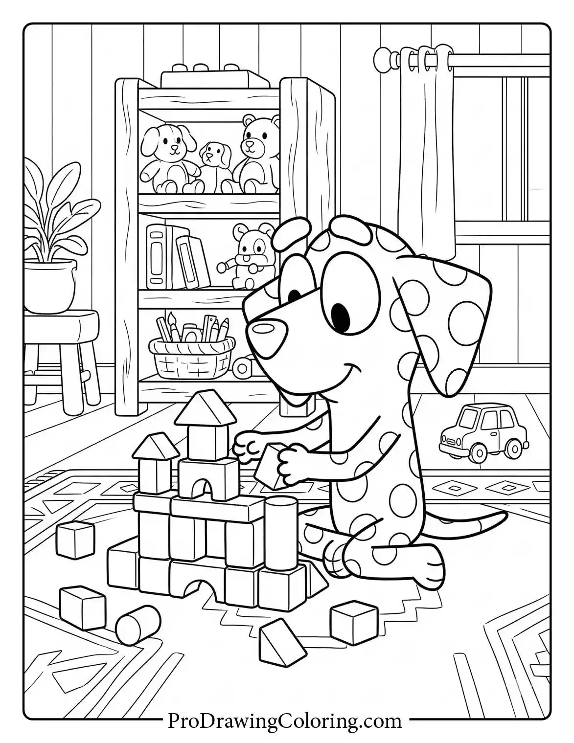 Chloe printable coloring page showing Bluey's Dalmatian friend building a tower. Perfect for your bluey and friends coloring pages collection.