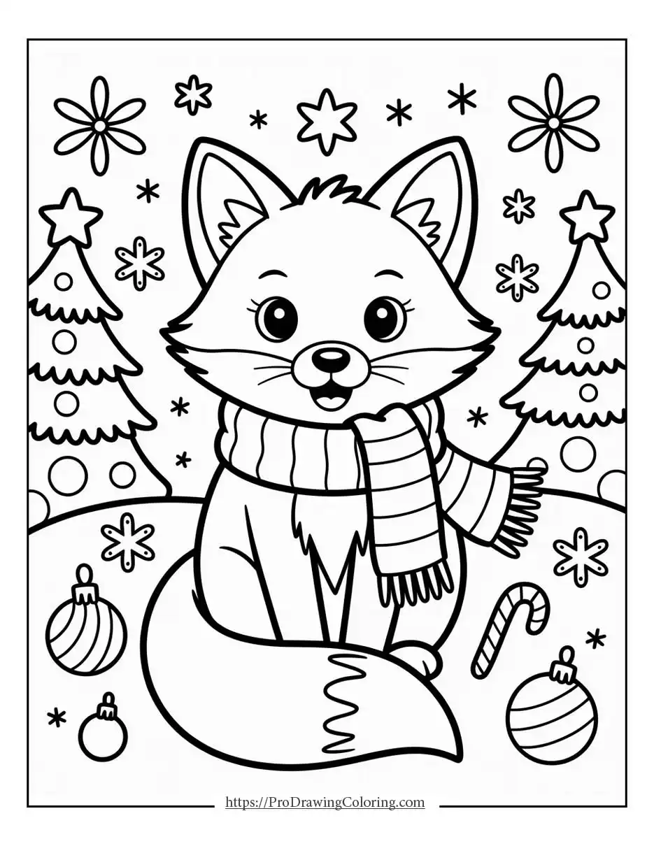 Christmas fox coloring page with scarf, free printable fox coloring page for kids