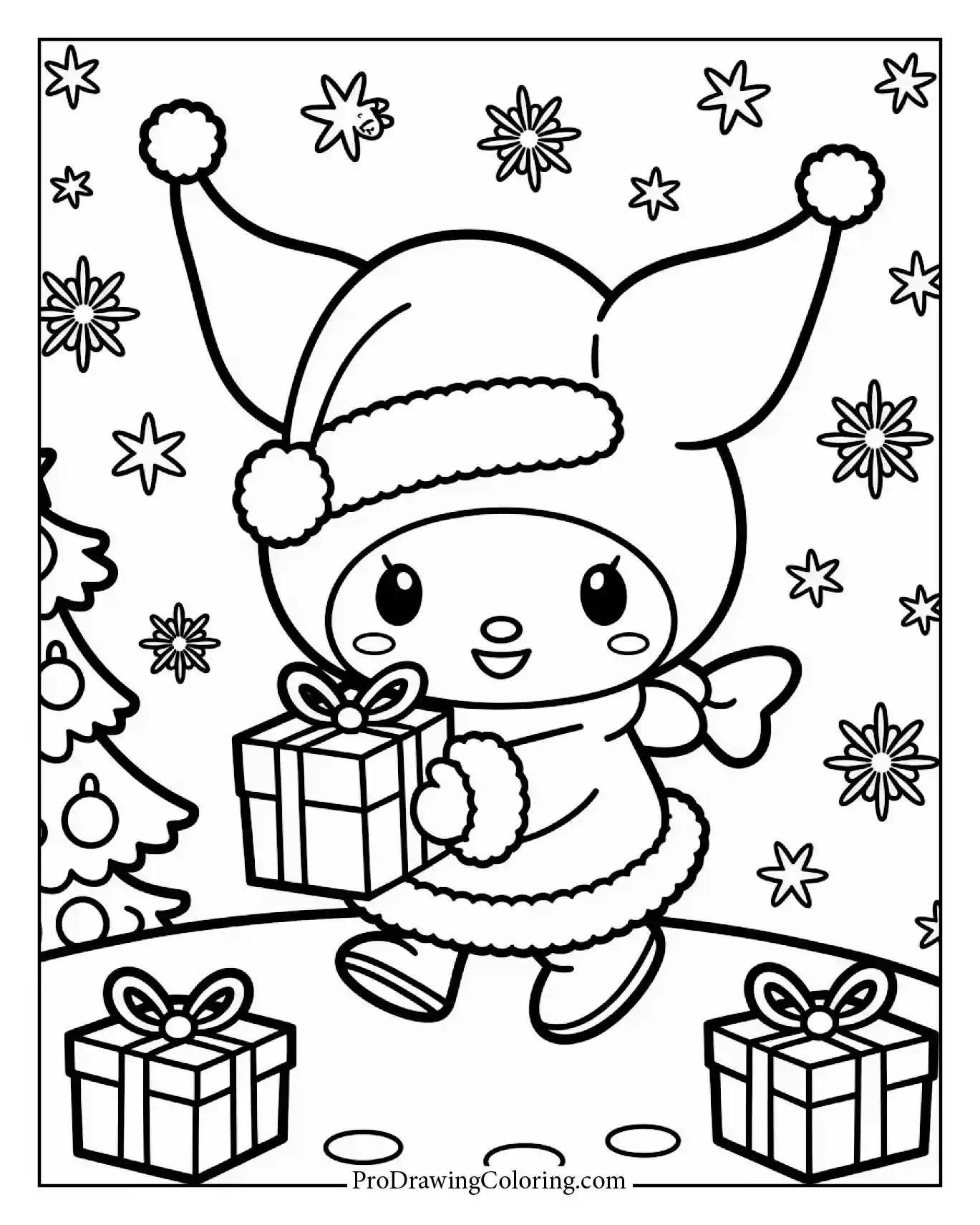 Festive Christmas Kuromi coloring sheet, holiday spirit, winter theme.