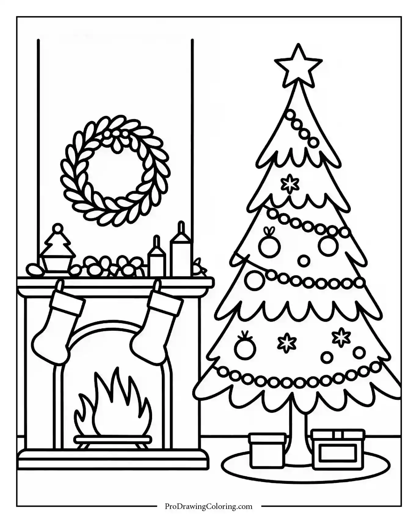 christmas tree by fireplace printable Christmas tree with stockings hanging near a fireplace