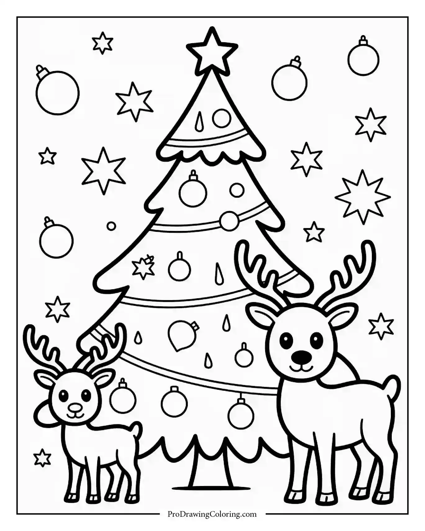 christmas tree with reindeer coloring page Reindeer standing beside a Christmas tree with gifts