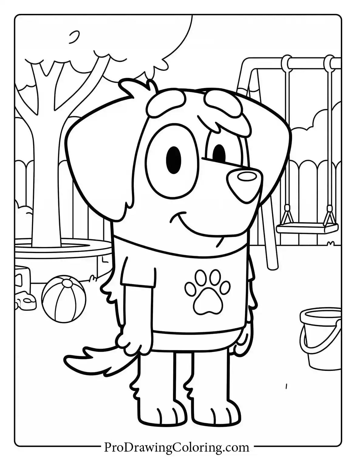Energetic pup Chucky, one of Bluey's friends, standing near a playground in this easy black and white coloring page.