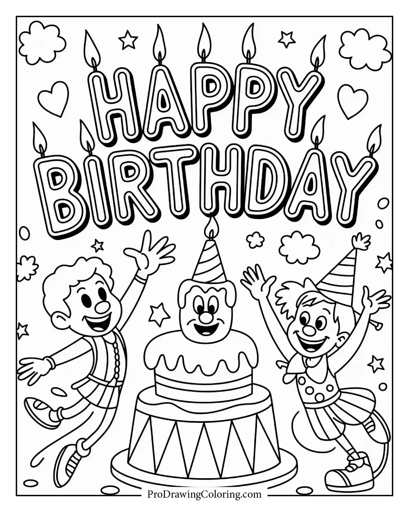 A joyful circus fun scene in Candle Font, artistic Happy Birthday Coloring Page for adults.