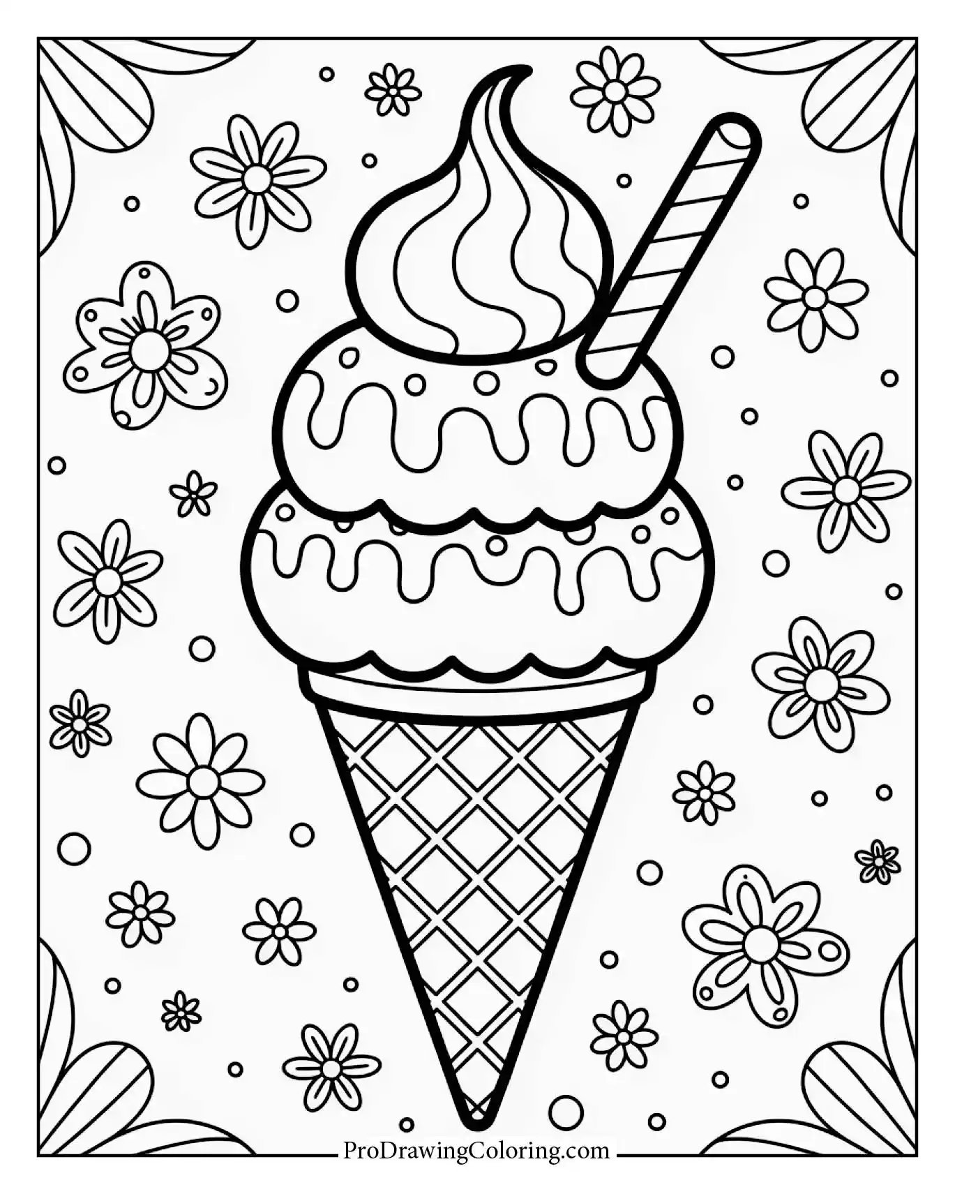 Printable ice cream coloring page featuring classic ice cream cone