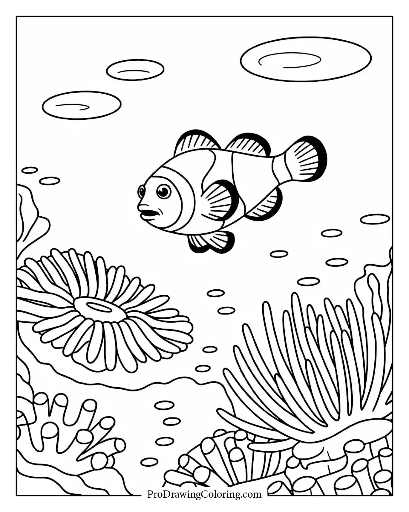Clownfish swimming near sea anemone in a cartoon coral reef background