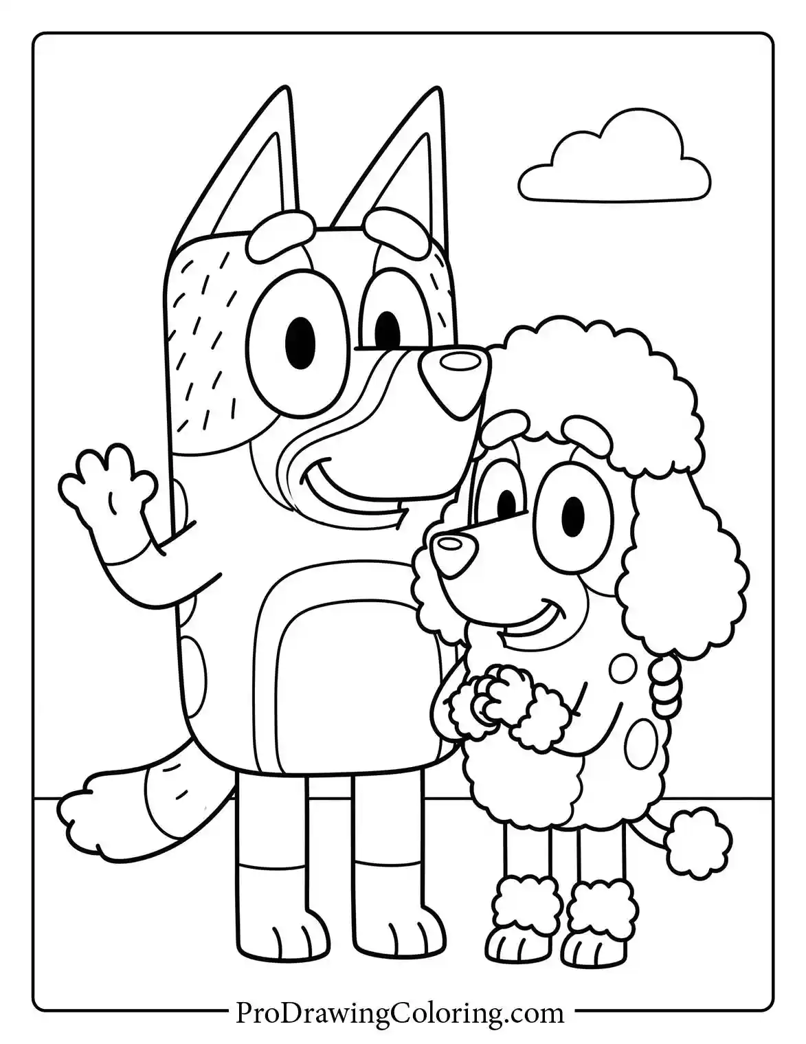 Coco coloring page featuring Bluey's friend, the pink poodle, and her mom. A simple black and white drawing to download.