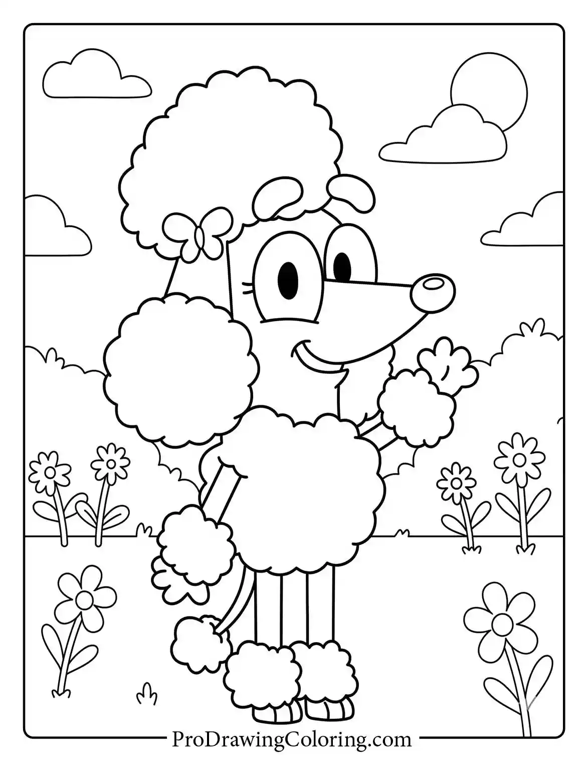 Elegant Coco, Bluey's friend, standing beautifully in a garden.