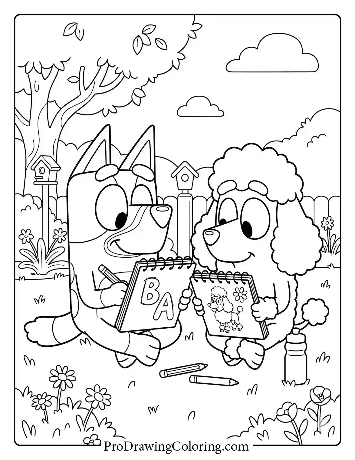 Bluey and Coco coloring page showing the two friends sitting back-to-back.