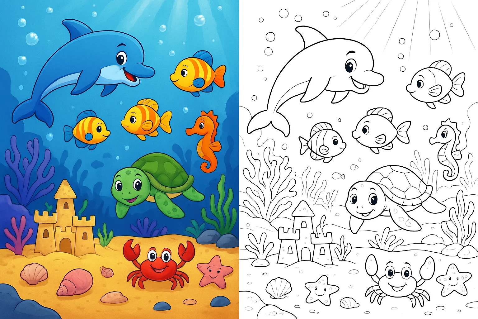 Coloring page of ocean animals featuring a dolphin, sea turtle, tropical fish, seahorse, crab, starfish, coral reef, and sandcastle in a vibrant underwater scene.