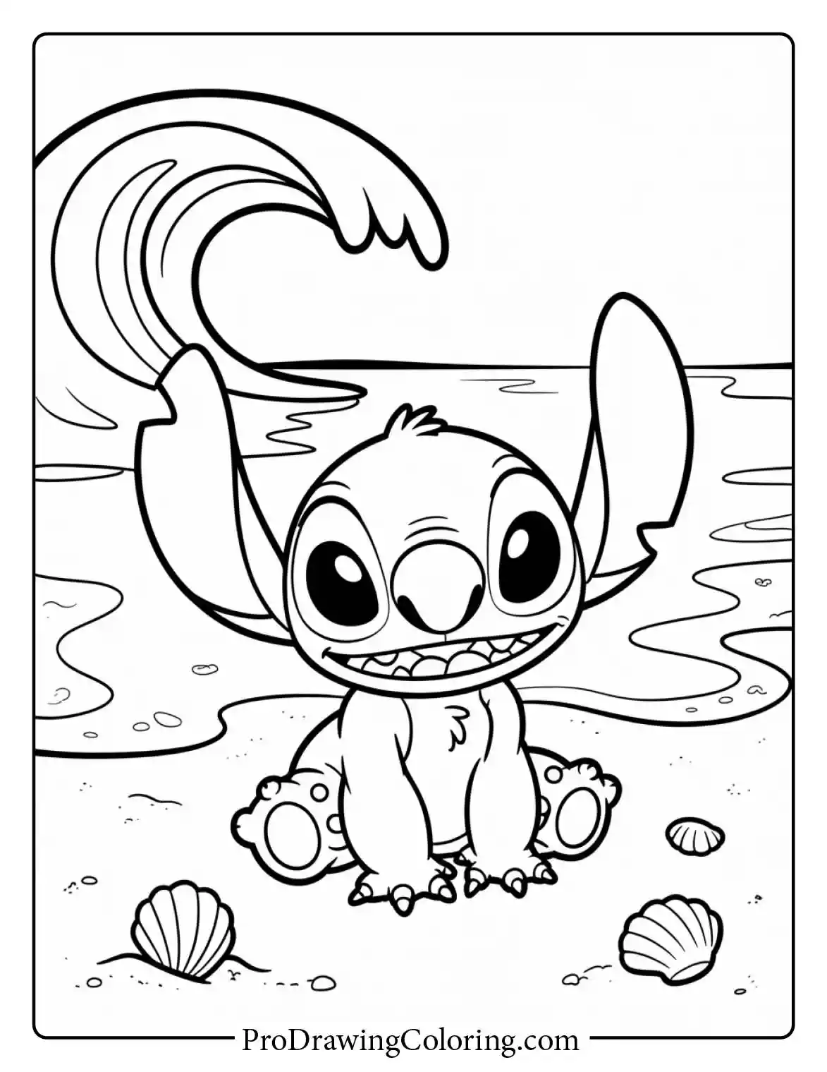 A beautiful coloring page stitch sitting on the beach with a huge summer wave behind him.