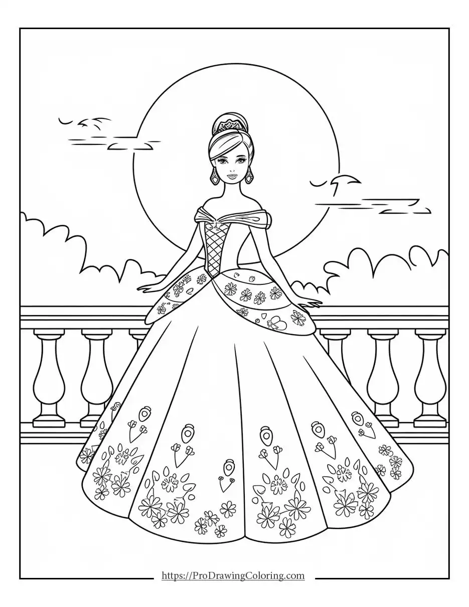 Coloring pages Barbie princess showing an elegant princess Barbie wearing a floral gown on a balcony