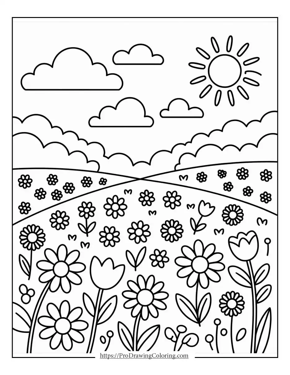 Blooming spring meadow filled with flowers, grass, and gentle hills, ideal for coloring pages flowers spring theme