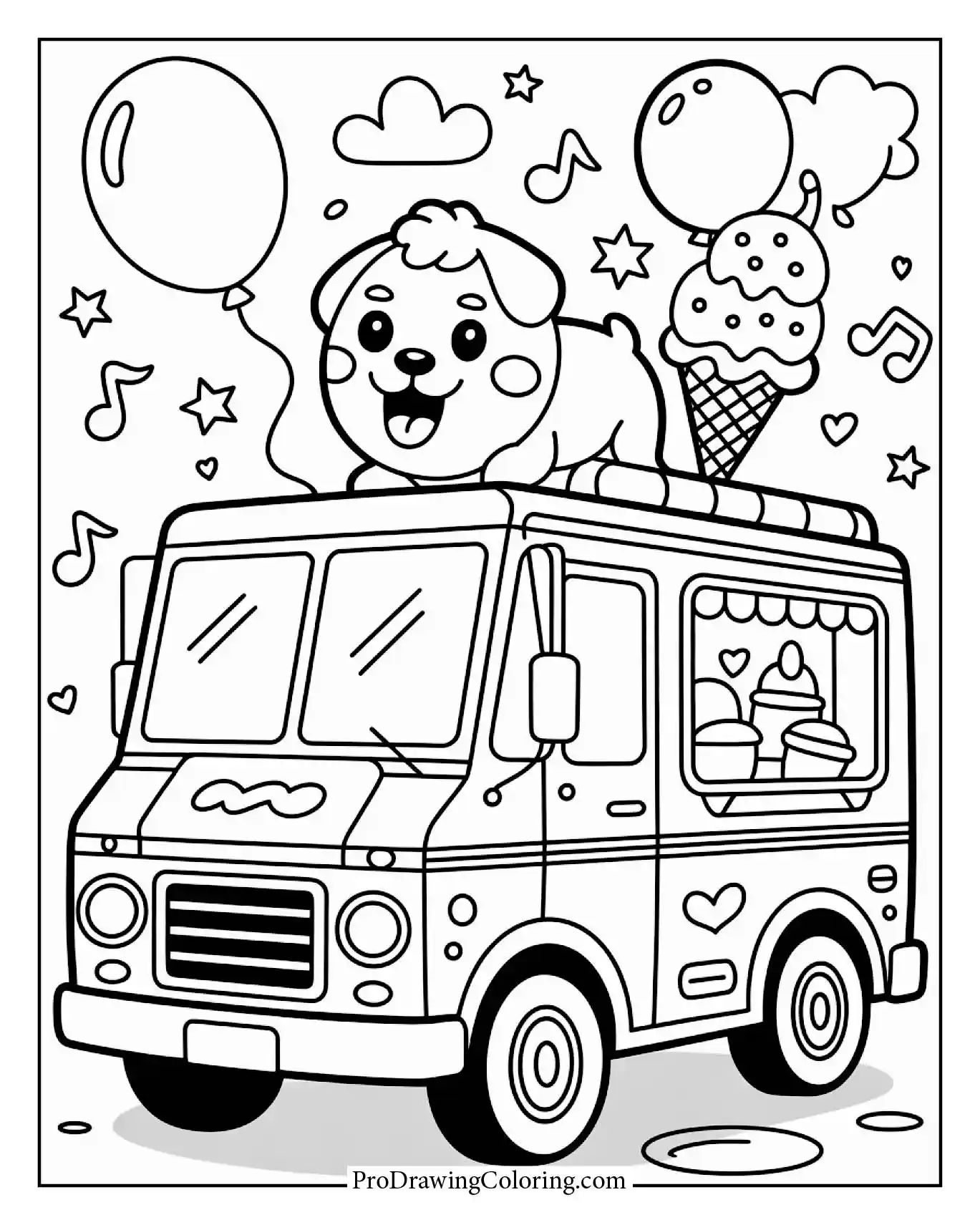 Printable coloring pages of an ice cream truck with joyful details