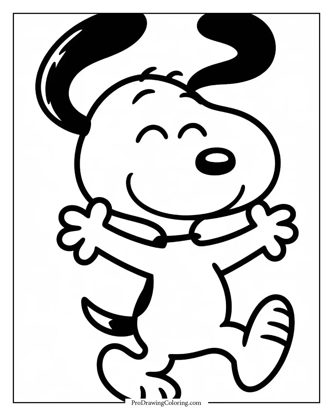 Coloring page of coloring pages of snoopy with his ears flapping while dancing happily in a field of daisies, ready for a creative artistic touch.