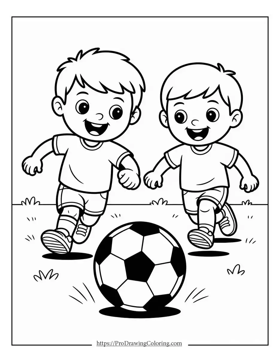 Coloring pages of soccer players featuring two kids running toward a soccer ball