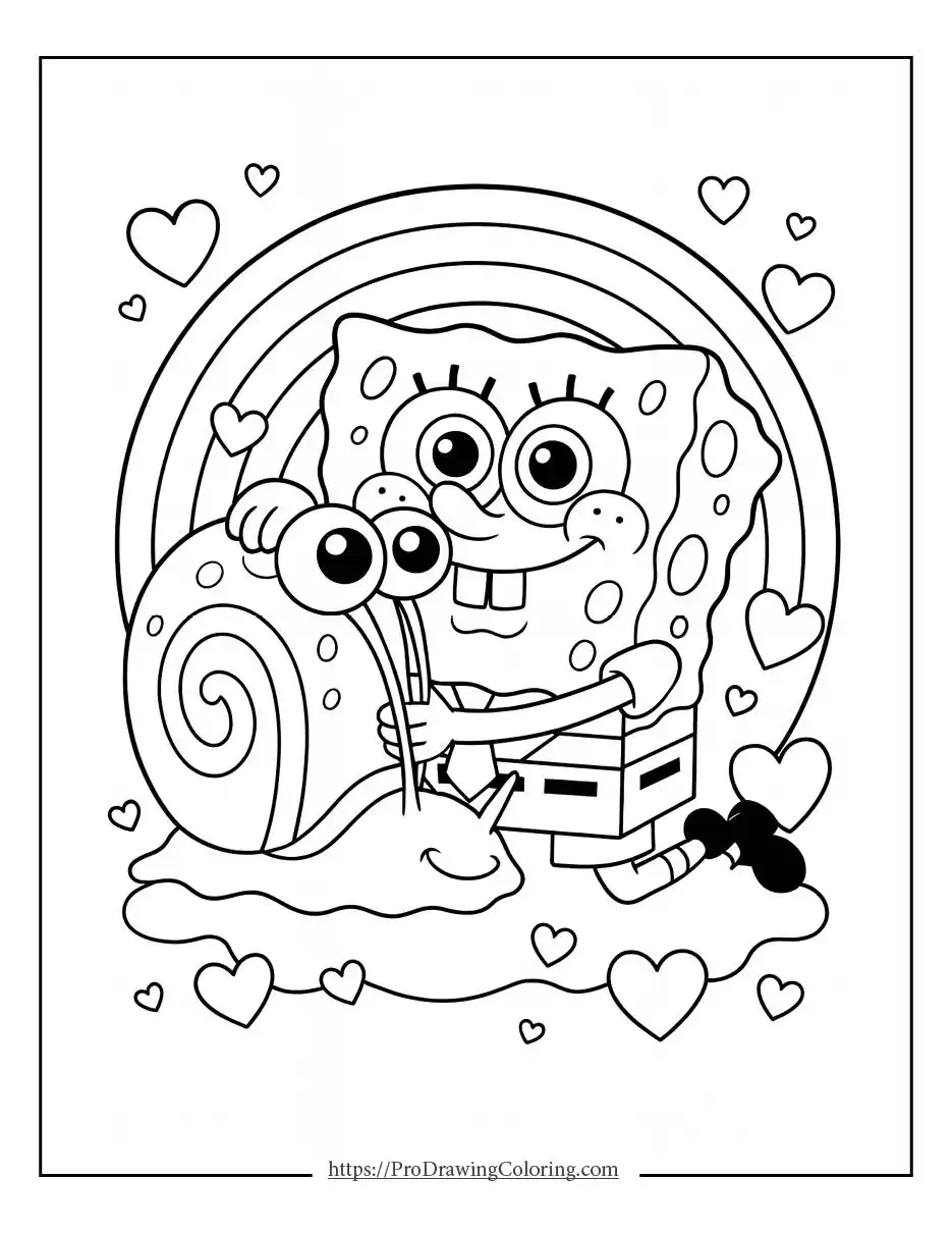 Coloring pages of SpongeBob hugging Gary the snail with hearts and rainbow background