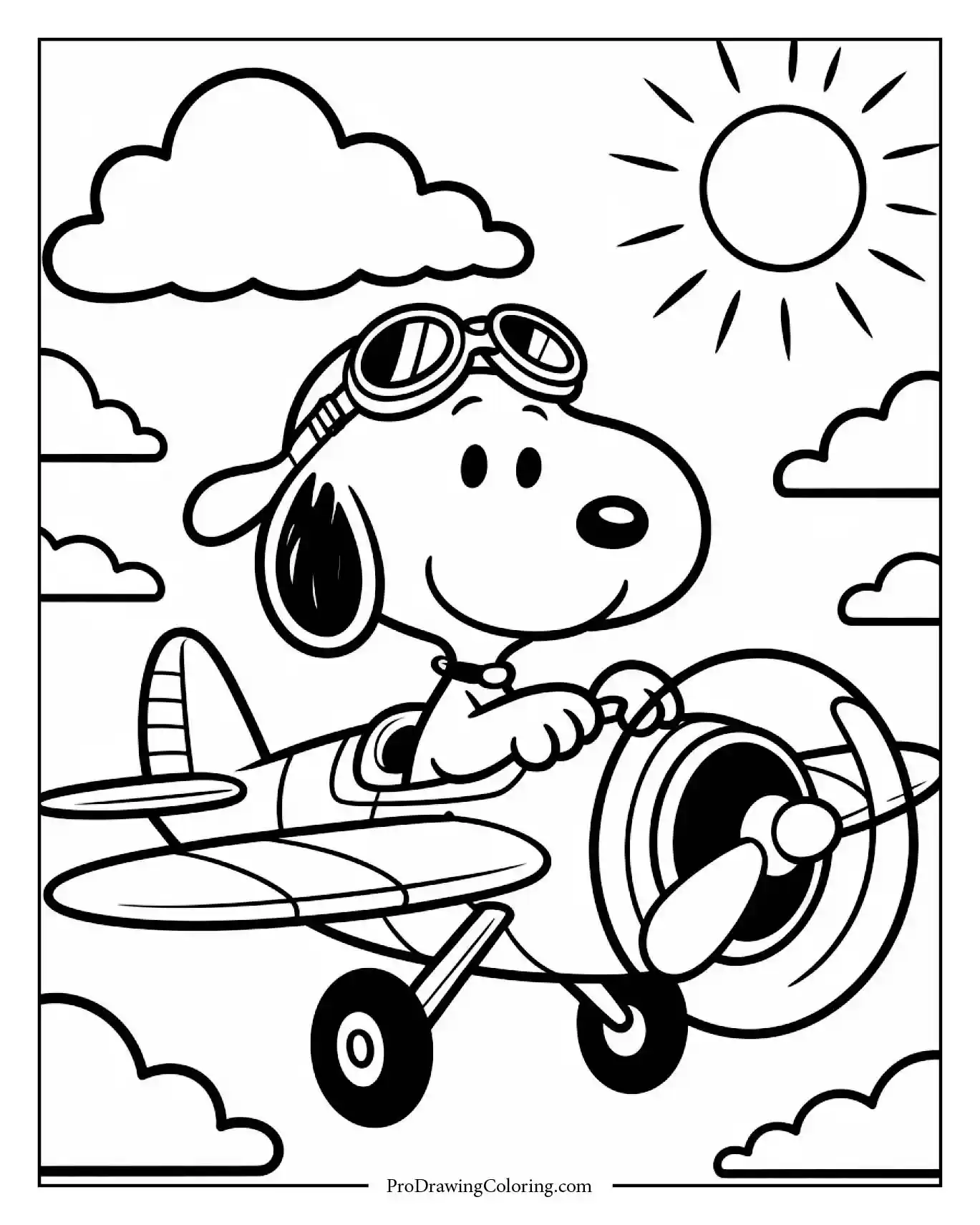A fun coloring page showing coloring pages snoopy airplane where Snoopy is actually flying a small vintage plane through fluffy white clouds.
