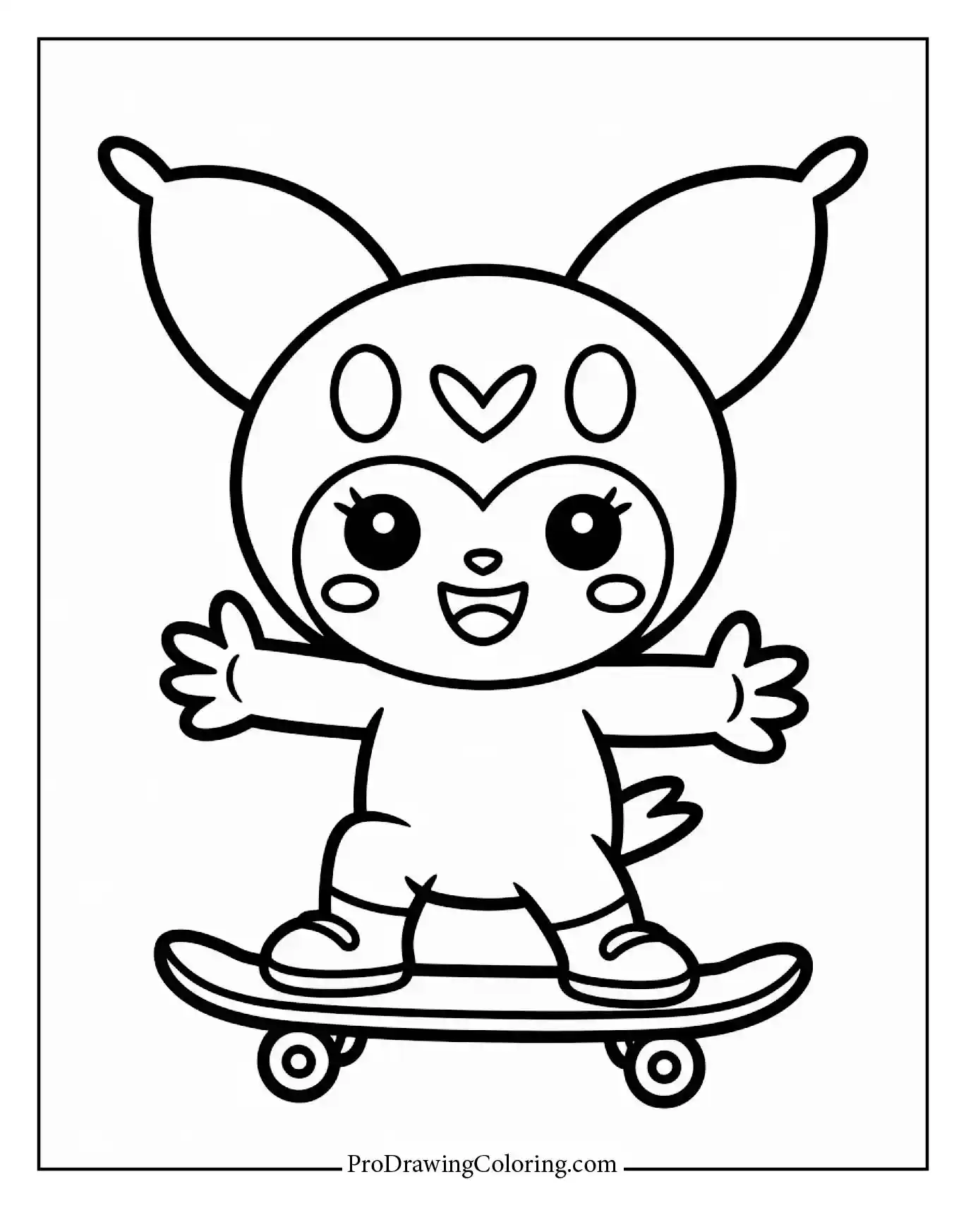 Silly cool Kuromi on skateboard coloring page, urban aesthetic, a delightful page for any collection.