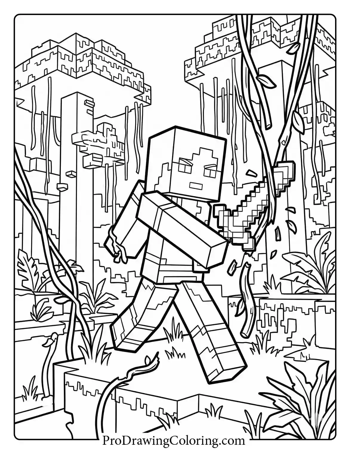 A cool minecraft coloring page featuring Alex actively exploring a dense jungle environment with hanging vines while holding her sharp sword.
