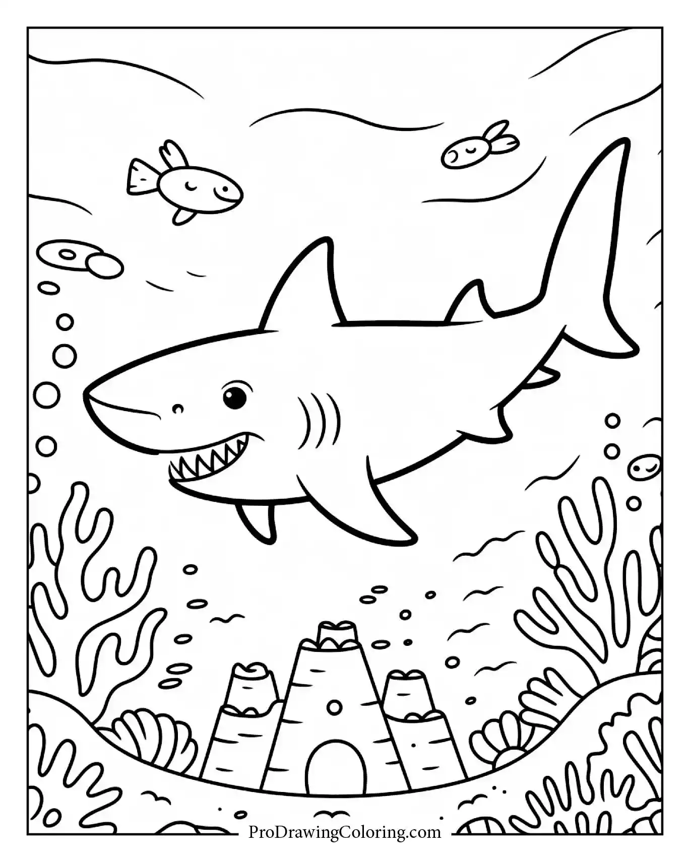 A shark swimming near coral and a small sand castle ocean-themed coloring page
