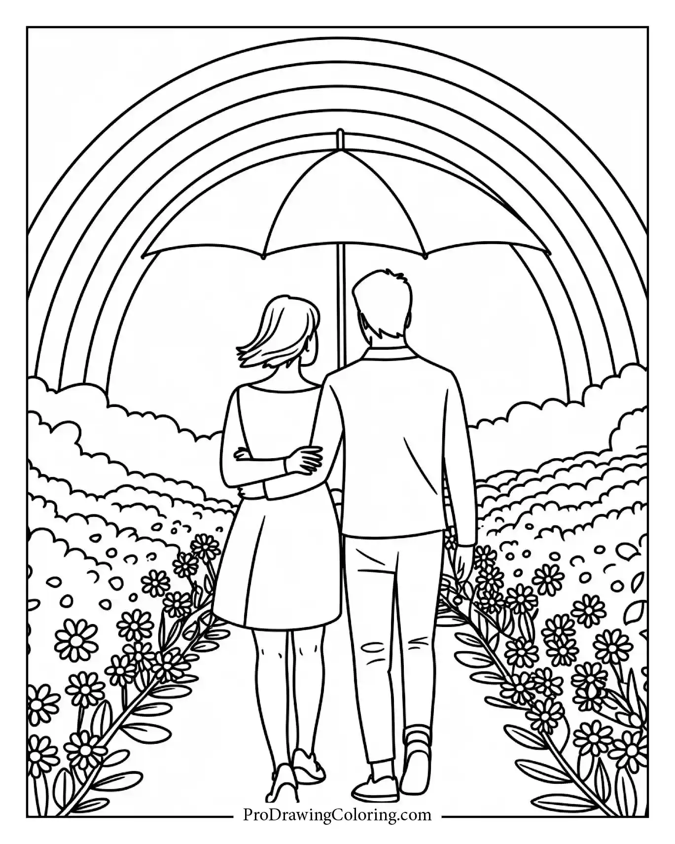 A couple walking under one umbrella with a rainbow glowing behind them, a lovely printable scene