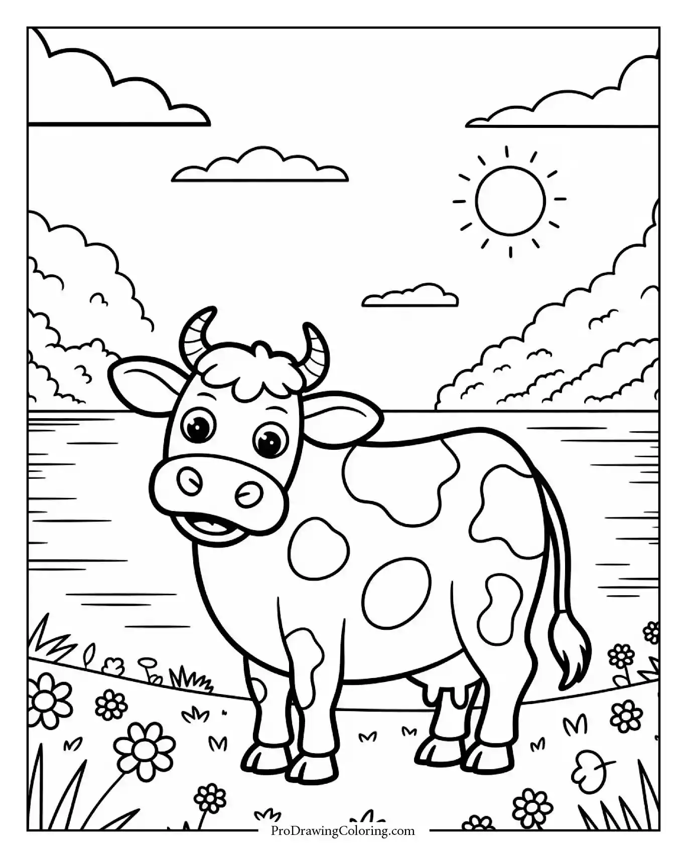 Cow enjoying calm summer day by lake