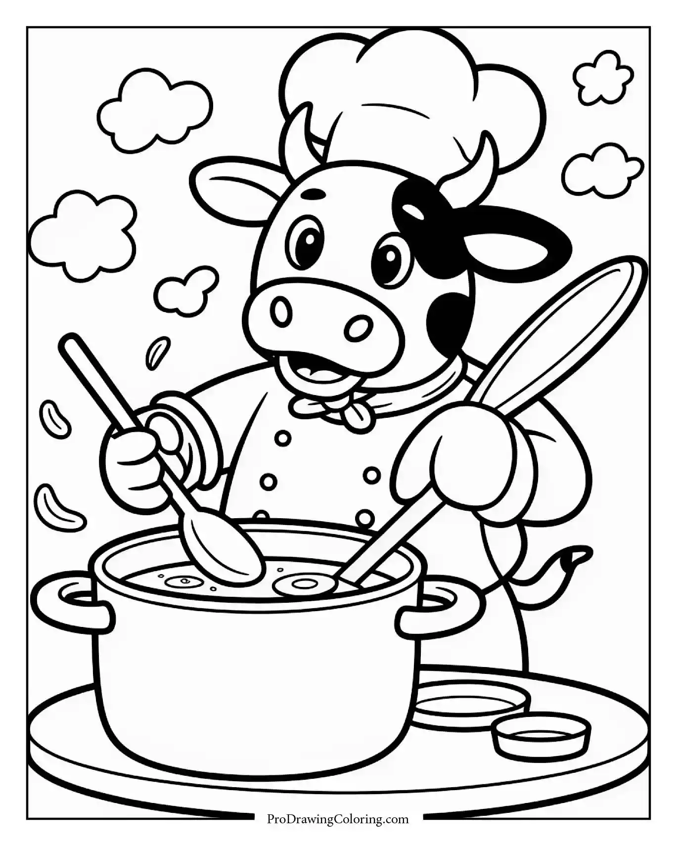 Happy cow chef stirring soup with wooden spoon