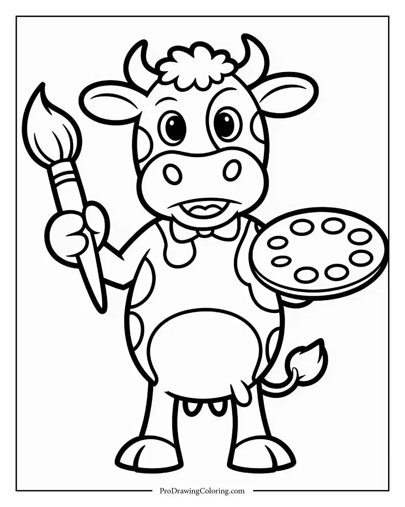 Funny cow painting on canvas with brush, printable coloring sheet for kids