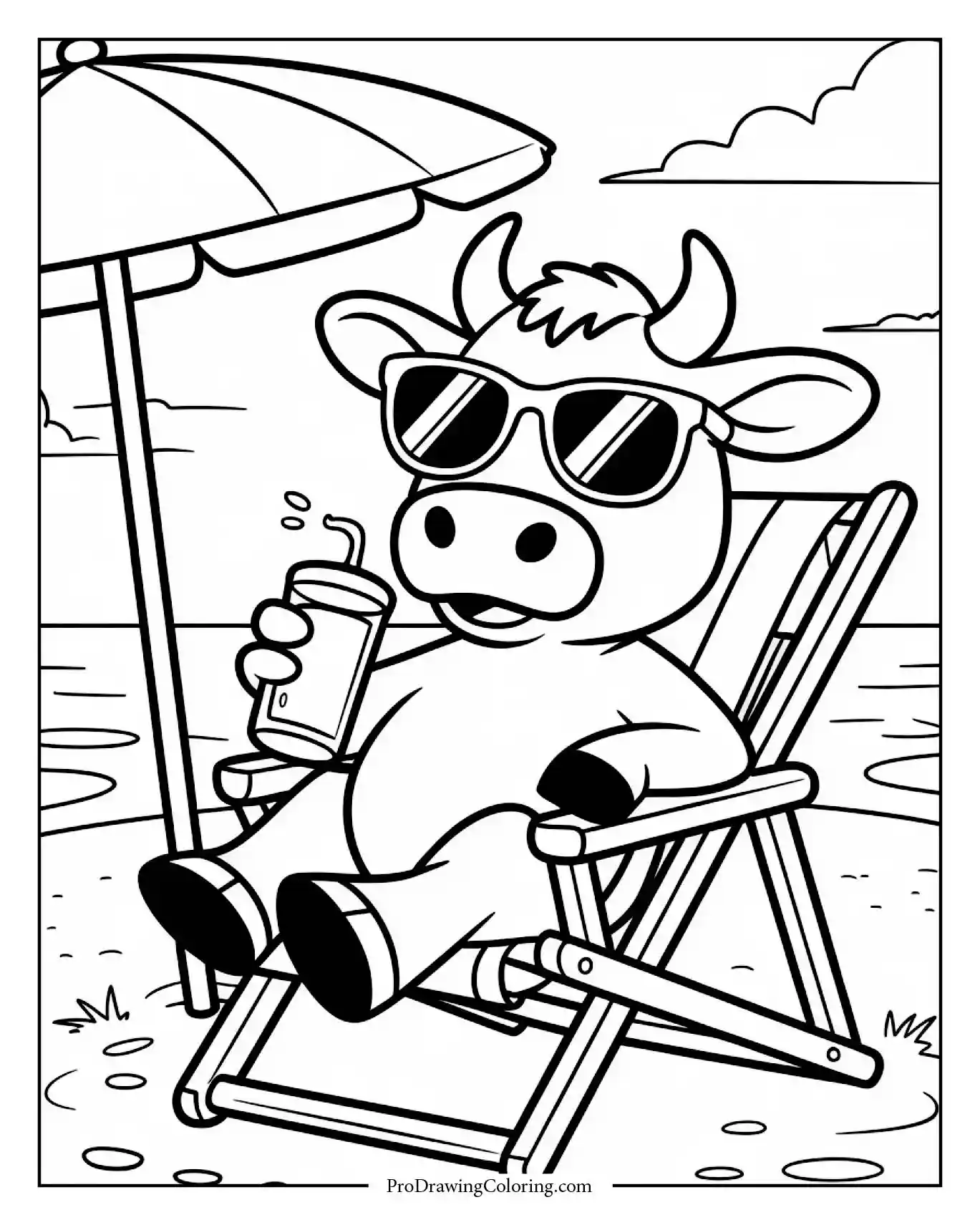 Cow relaxing on beach chair with sunglasses and juice, printable coloring page