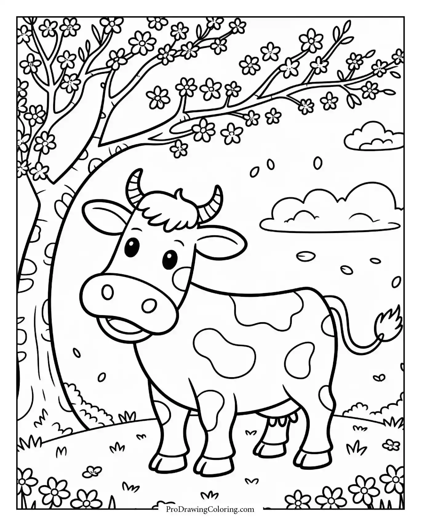 Cow under blooming cherry blossom tree with falling petals, printable page