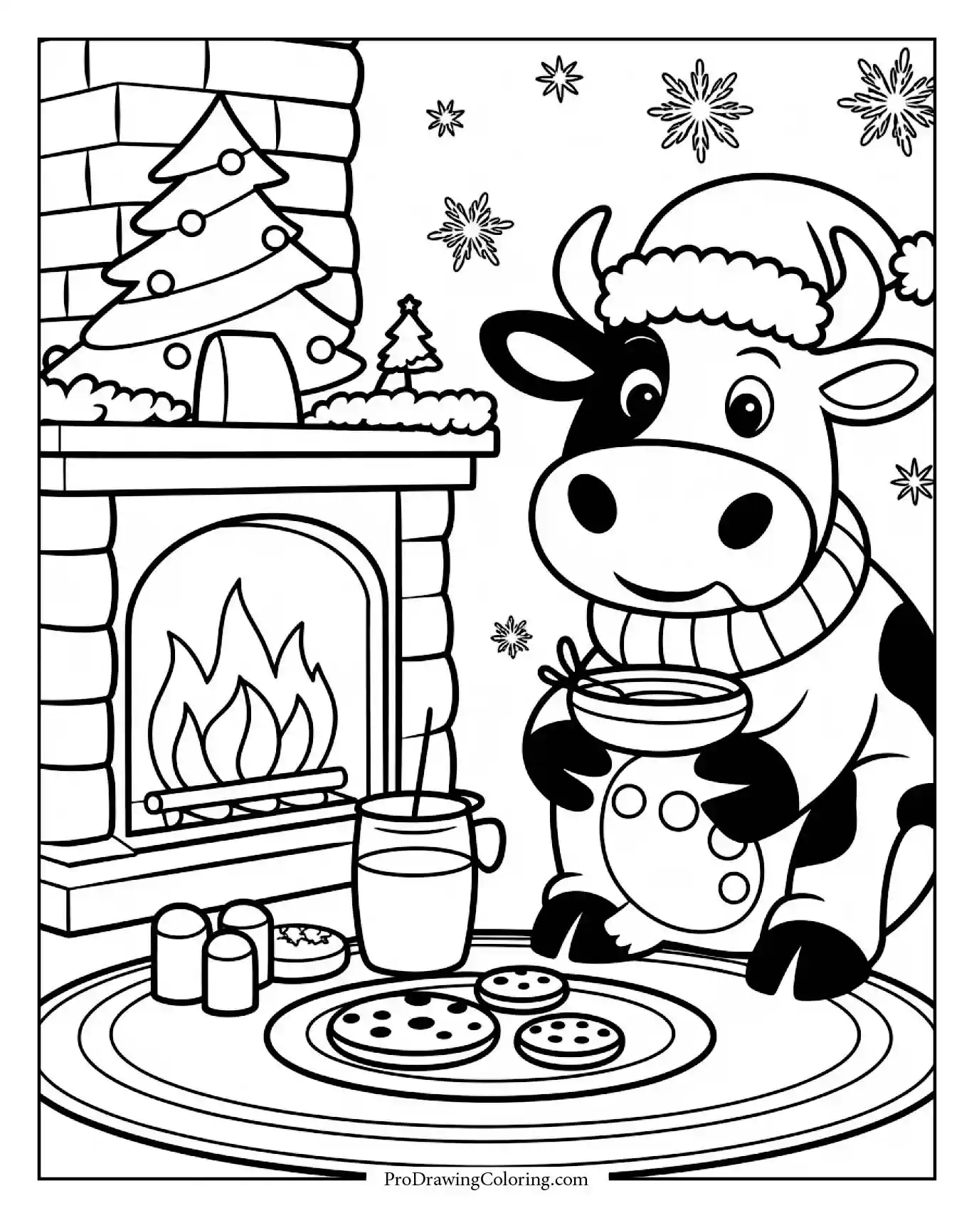Cow celebrating Christmas near warm fire with cookies and milk, free printable page