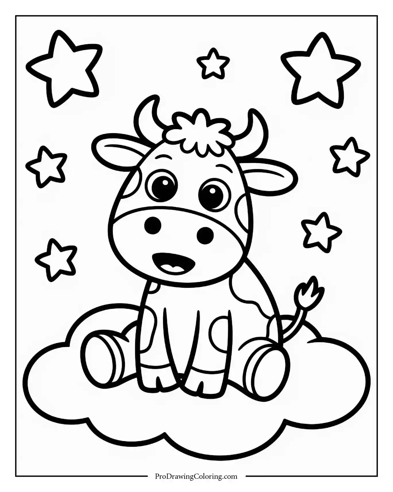 Cow sitting on fluffy cloud watching shining stars, printable coloring sheet