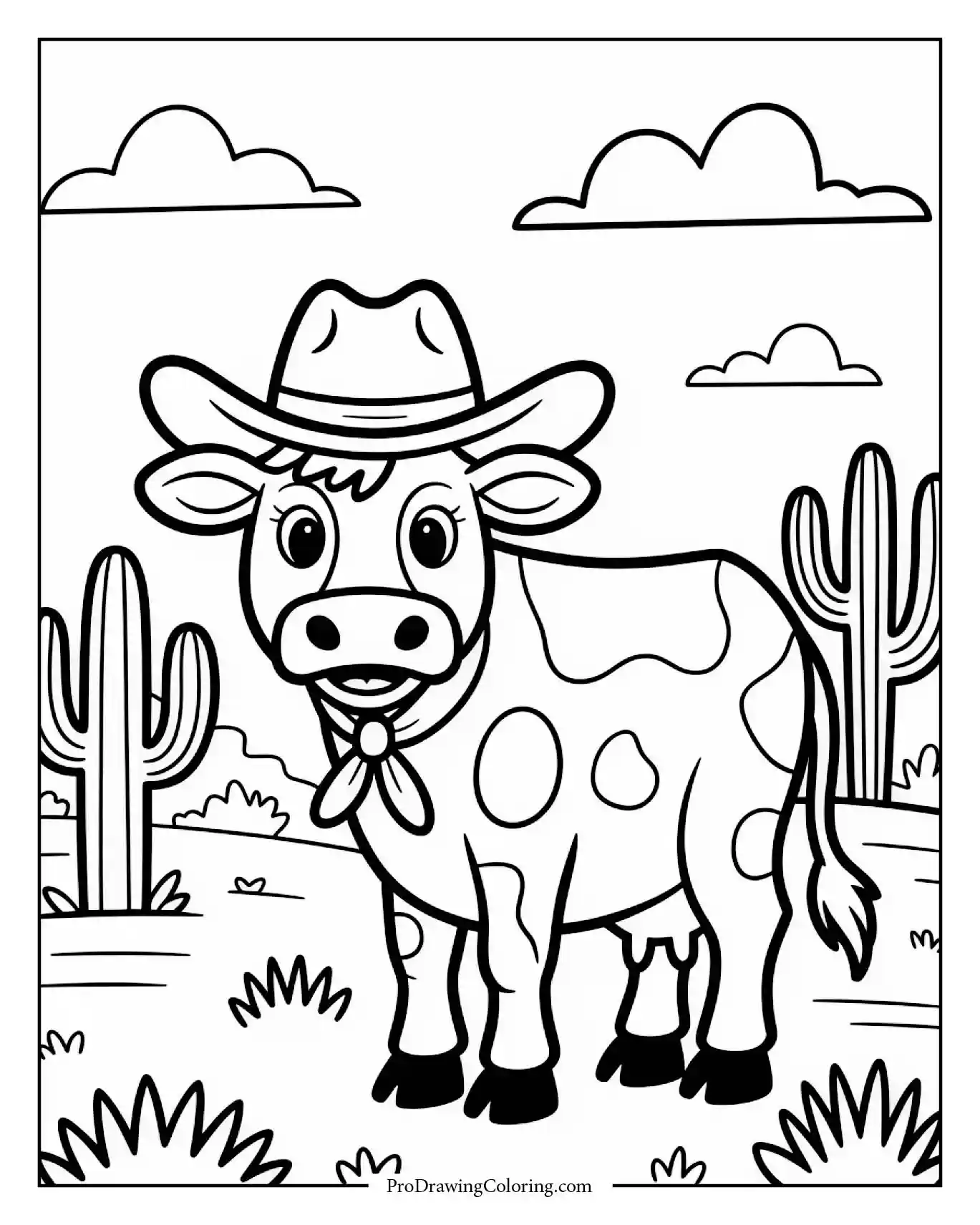 Cow wearing hat standing near cactus in sunny desert, printable sheet