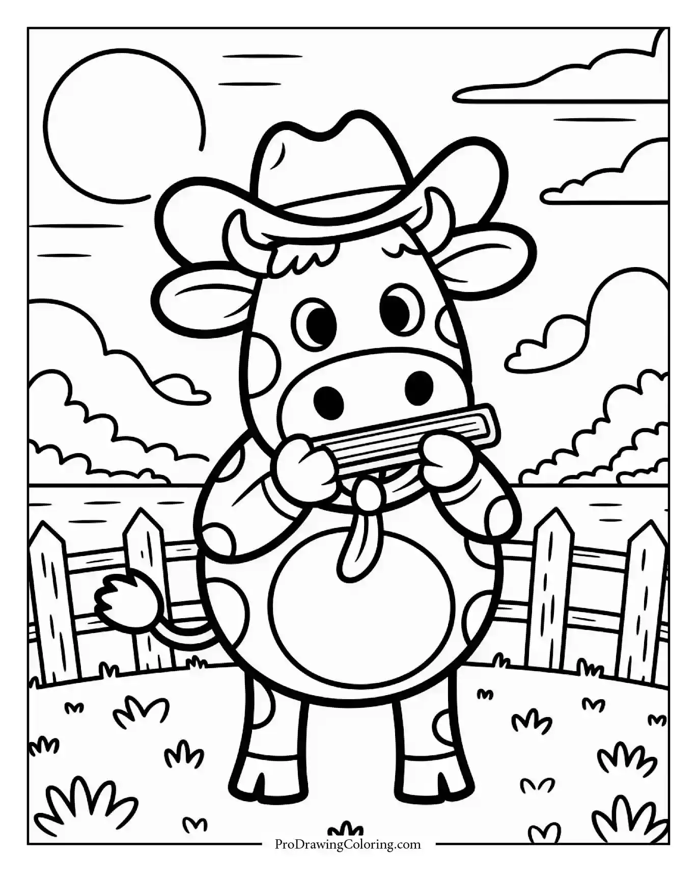 Cow wearing cowboy hat playing harmonica under orange sunset, printable sheet