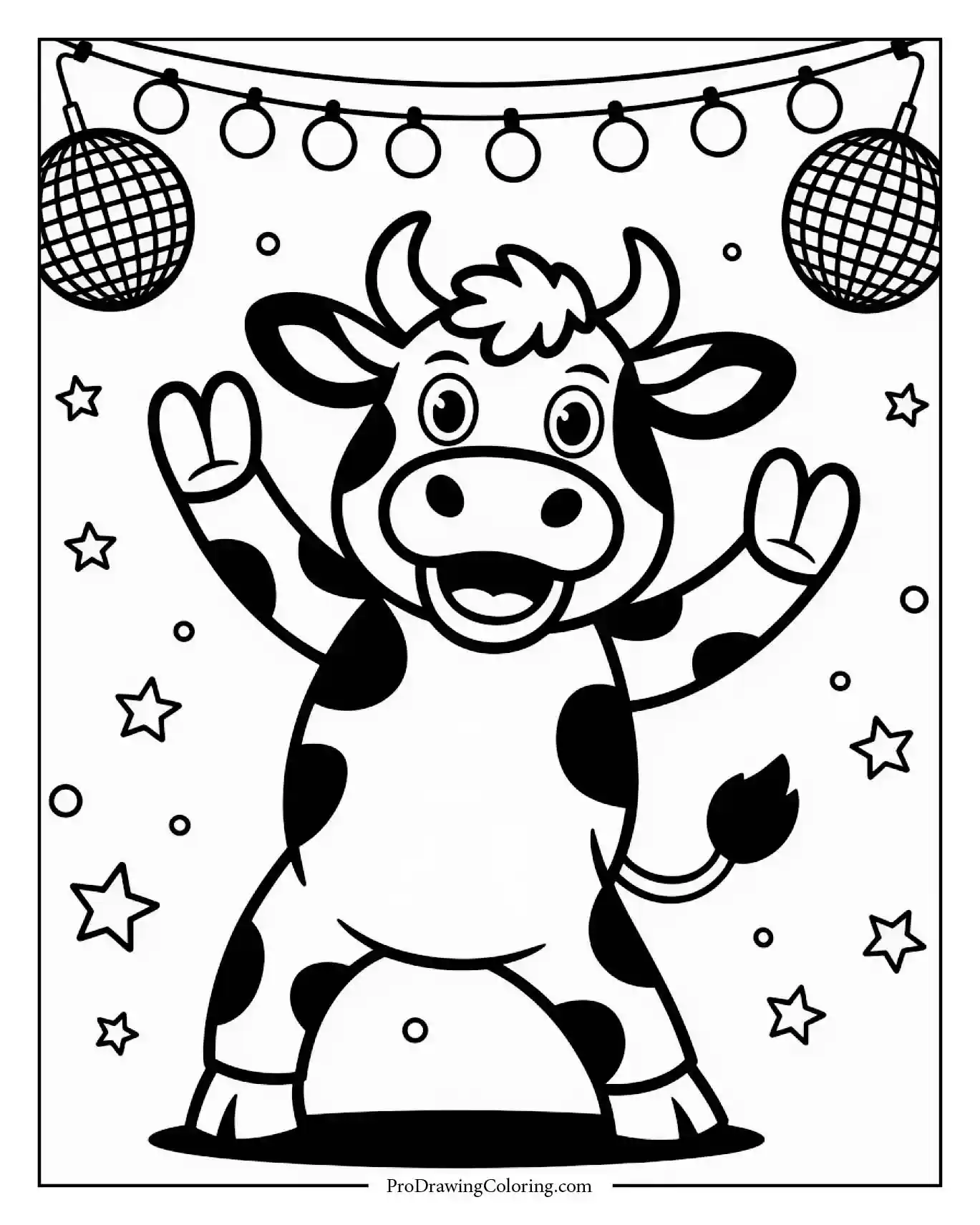 Cow dancing under disco lights with sparkly outfit, free printable coloring page