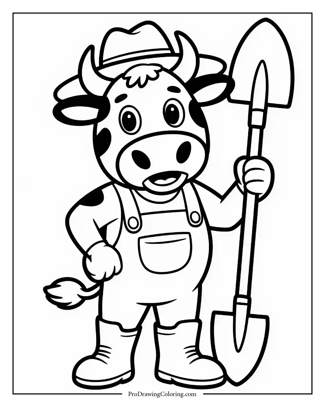 Funny cow farmer wearing boots and straw hat holding shovel, printable coloring sheet